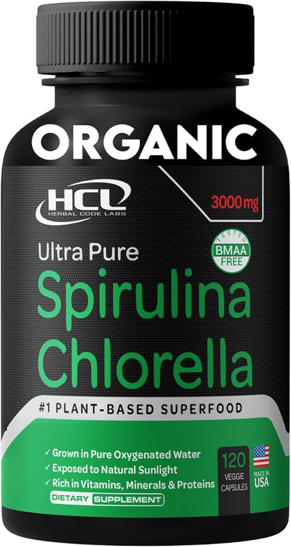 Chlorella Spirulina Powder Capsules Organic 3000 mg of BMAA Free Purest Blue Green Algae - Best Natural Detox Raw Vegan Vitamins Protein Green Superfood - Made in USA