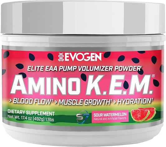 Evogen Amino K.E.M. - EAA & BCAA Powder Pump Volumizer | BCAAs Amino Acids Supplement for Blood Flow, Muscle Growth, & Hydration | Sour Watermelon | 30 Servings