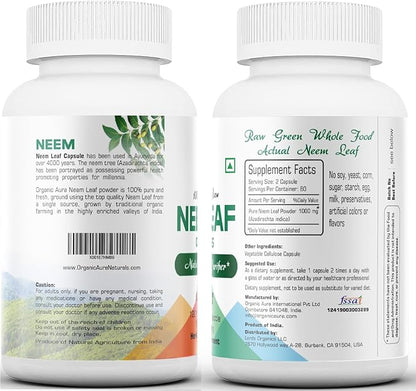 Organic Aura Neem Capsules. 100% Pure and Potent. Raw Green Whole Superfood. Made with Whole Spectrum Neem Leaves. Miracle Detoxifying Agent. Radiant Skin and Immunity.