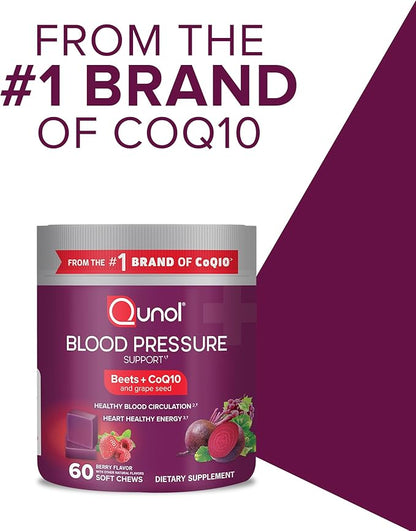 Qunol Beets Chews for Blood Pressure Support, 3 in 1 Beets + CoQ10 + Grape Seed Extract, Supports Healthy Blood Circulation & Heart Healthy Energy, 60 Chews