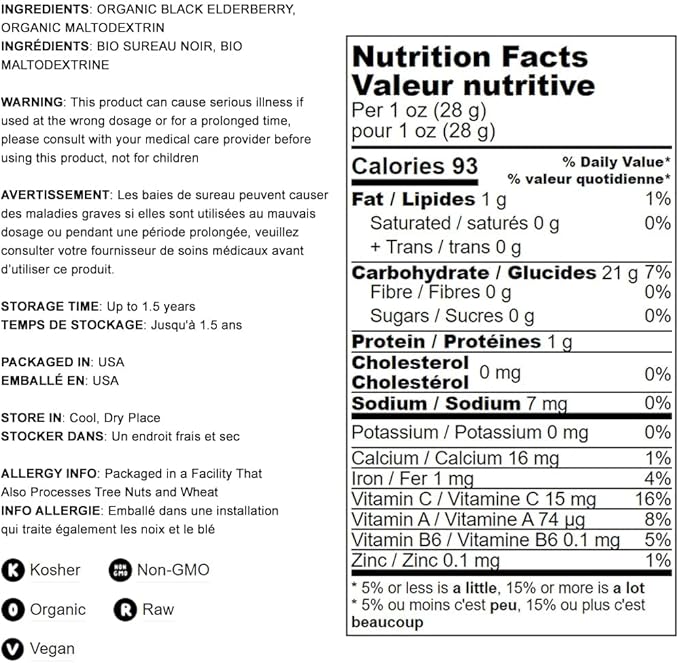 Food to Live Organic Black Elderberry Powder, 4 Pounds – Non-GMO, Made from Raw Dried Berries, Unsulfured, Vegan, Bulk, Great for Baking, Smoothies, Yogurts, No Sulphites, Contains Maltodextrin
