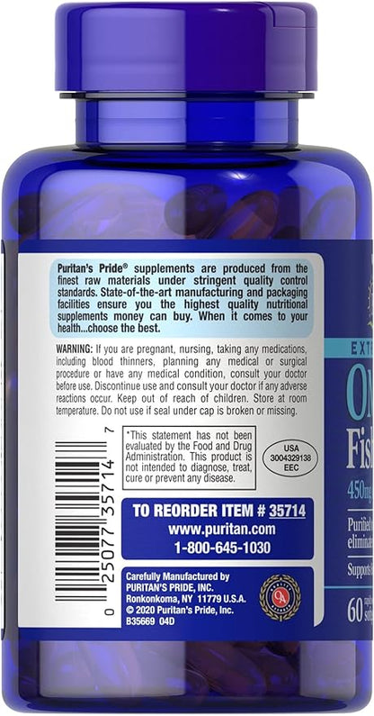 Puritans Pride Extra Strength Omega-3 Fish Oil 1500 Mg 450 Mg Active Omega-3 Softgels, 60 Count