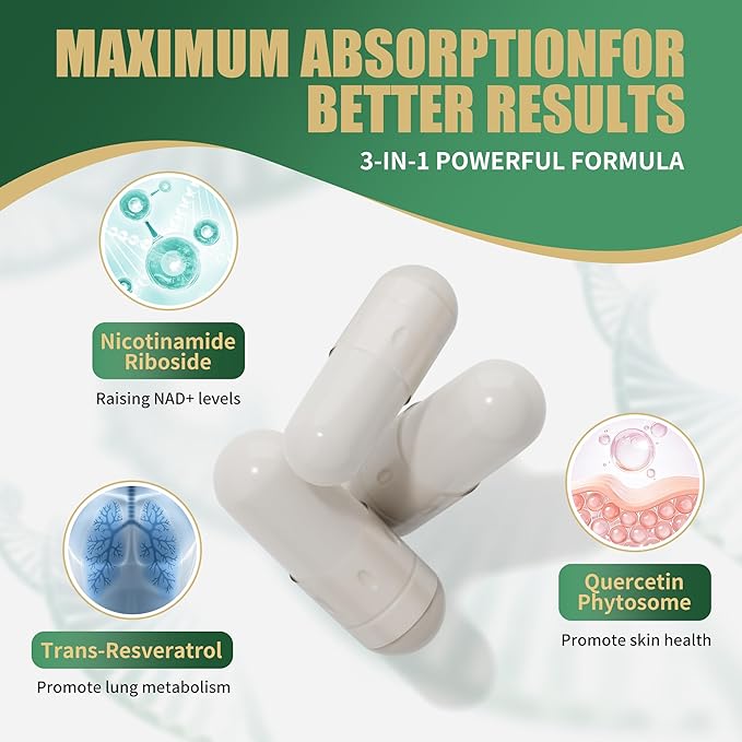 NAD Supplement - Liposomal Nicotinamide Riboside, Resveratrol, Quercetin, NAD Nicotinamide Riboside Resveratrol 900mg, NAD+ Supplement for Men and Women, 80 Capsules 1 Pack
