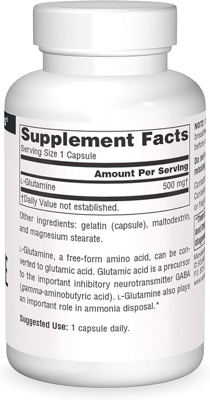 Source Naturals L-Glutamine, Free Form Amino Acid That Supports Metabolic Energy*, 500mg - 50 Capsules
