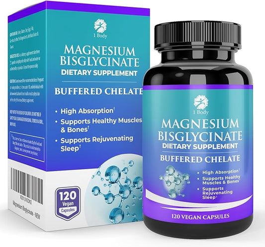 1 Body Magnesium Bisglycinate Supplement, 44 mg Pure Chelated Formula, 120 Capsules, Maximum Absorption, Muscle Cramp Relief