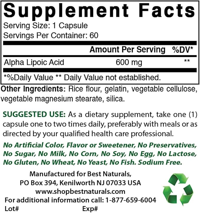 Best Naturals Alpha Lipoic Acid 600 mg 60 Capsules - ALA Powerful Antioxidant (60 Count (Pack of 3))