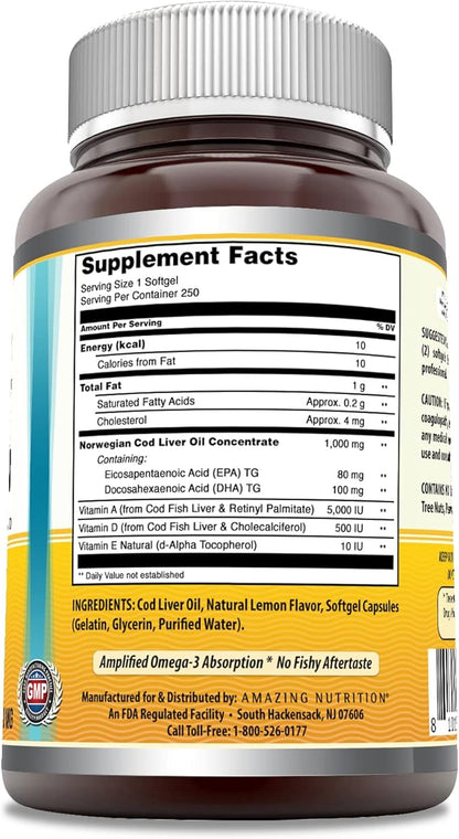 Amazing Omega Norwegian Cod Liver Oil 1000 Mg 250 Softgels | Lemon Flavor