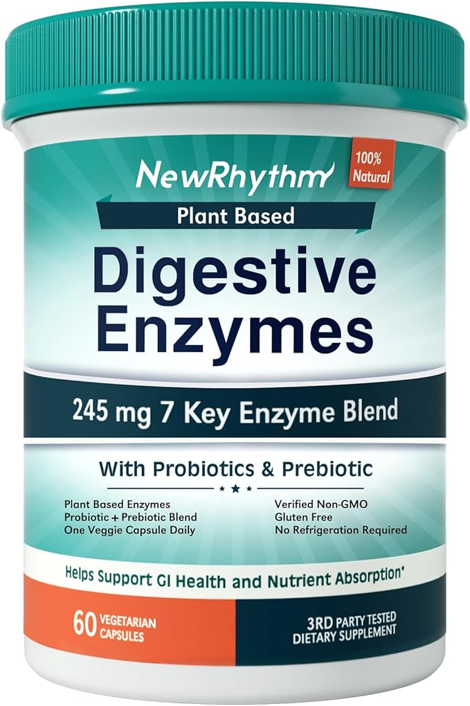 NewRhythm Digestive Enzymes 245 mg, with Probiotics and Prebiotics, Plant Based, 7 Key Enzymes, Digestion, Nutrient Absorption, Protease Amylase & Lipase, 60 Vegan Capsules