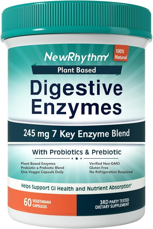 NewRhythm Digestive Enzymes 245 mg, with Probiotics and Prebiotics, Plant Based, 7 Key Enzymes, Digestion, Nutrient Absorption, Protease Amylase & Lipase, 60 Vegan Capsules