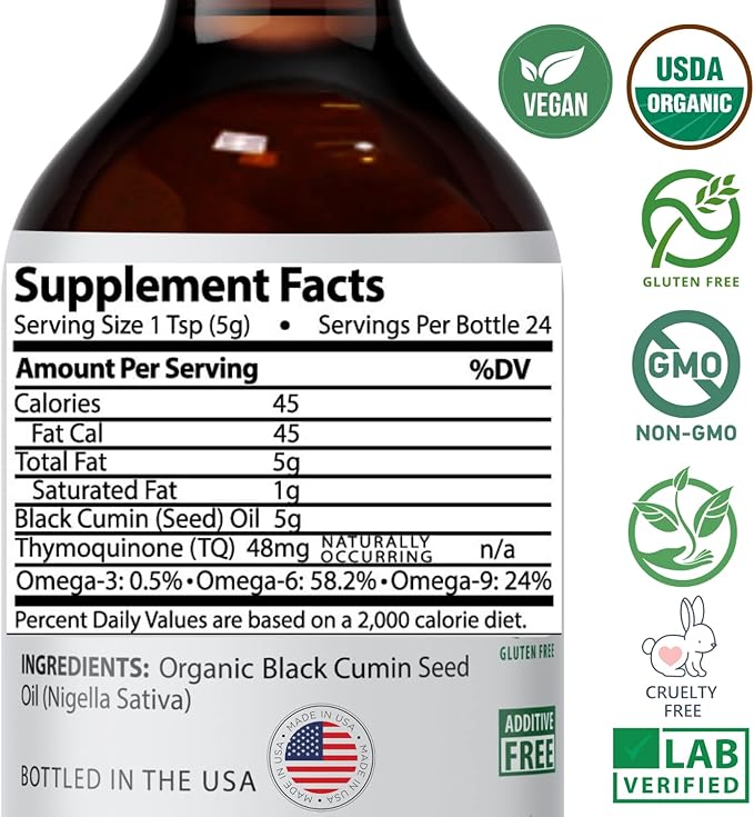 Mother Nature USDA Organic Black Seed Oil – Cold Pressed, Unrefined & Vegan Nigella Sativa, High Thymoquinone (2%+), Omega 3 6 9 for Immune, Joint & Heart Support, Hair & Skin, Non-GMO, 4oz