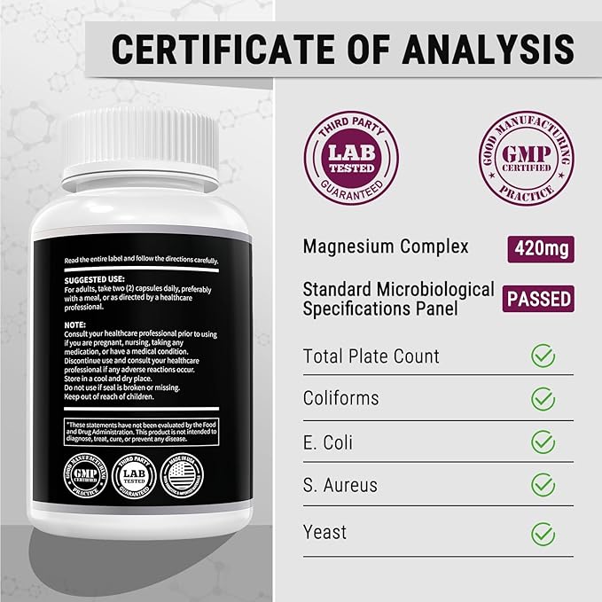 Magnesium Complex Supplement 420mg- 30mg Vitamin B6-5 in 1 Ultra Absorption Magnesium Glycinate, Oxide, Malate, Taurate & Citrate - Vegan Non-GMO Mag120 Capsules for Sleep, Muscle, Energy & Heart