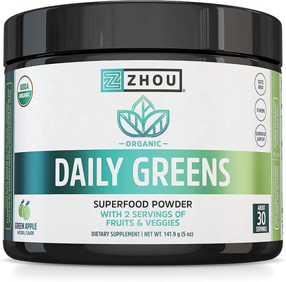Zhou Nutrition USDA Organic Supergreens Powder, Superfood Smoothie Juice Mix, Spirulina, Chlorella, Wheatgrass, Kale, Fiber, Immune and Energy Support, Vegan, Non-GMO, 30 Servings