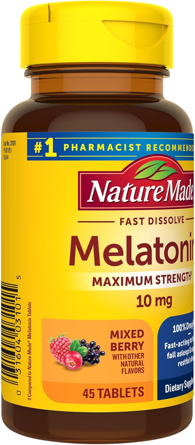 Nature Made Melatonin 10mg Fast Dissolve, Maximum Strength Nighttime Sleep Aid for Adults, 100% Drug-Free, 45 Tablets