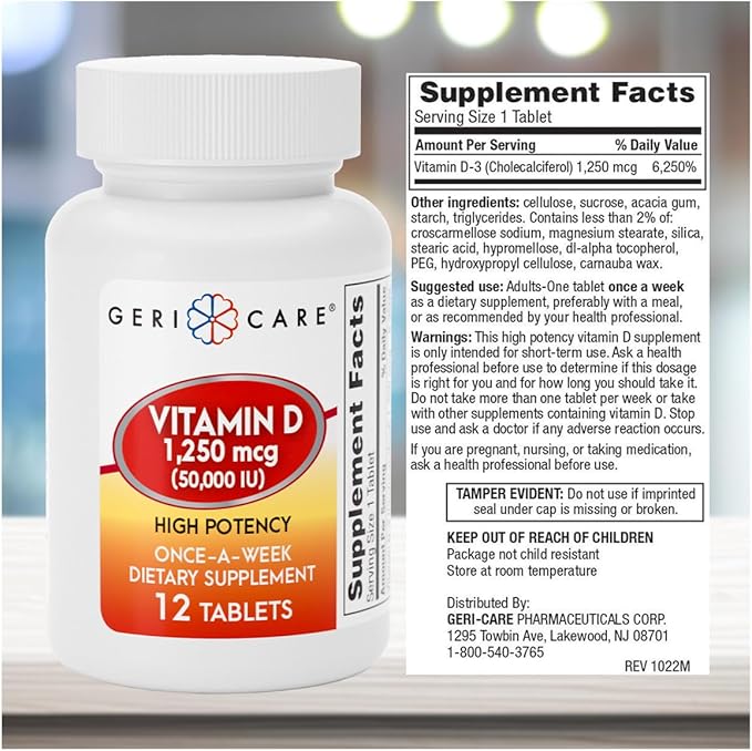 GeriCare Vitamin D 1,250mcg (50,000 IU) High Potency Once-A-Week Dietary Supplement, 12 Count (Pack of 2)