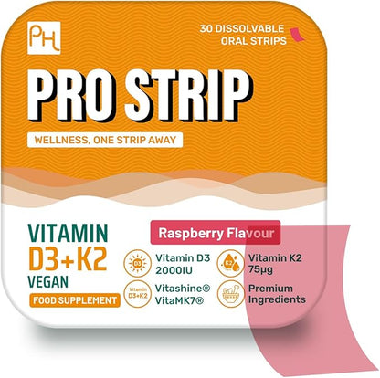 PROSTRIP® Vitamin D3 + K2 – 30 Oral Vegan Strips – Premium Ingredients Vitashine® Vitamin D3 2000IU & VitaMK7® Vitamin K2 75mcg - No Water Needed by Prowise Healthcare