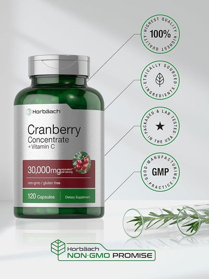 Horbäach Cranberry Concentrate Extract Pills + Vitamin C | 30,000mg | 120 Capsules | Triple Strength Ultimate Potency Formula | Non-GMO and Gluten Free Supplement