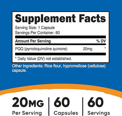 Nutricost PQQ (Pyrroloquinoline Quinone) 20mg, 60 Capsules - Vegetarian Capsules, Non-GMO, Gluten Free