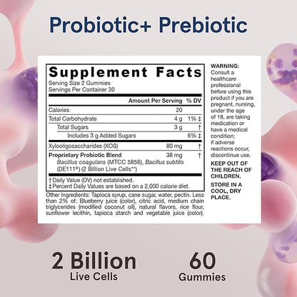Jarrow Formulas Probiotic+ Prebiotic 2 Billion Live Cells Supplement, Digestive Health and Immune Support, 60 BlackBerry Flavor Probiotic+ Prebiotic Gummies, 30 Day Supply
