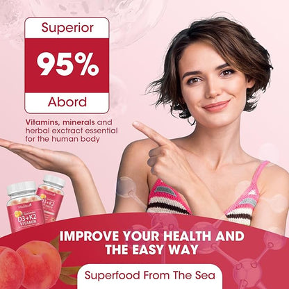 Vitamin D3 10000 IU + K2 (MK7) 200mcg w/Calcium Magnesium Zinc Elderberry & Inulin-Highly Bioavailable-Enhanced Absorption for Immune & Bone Support- K2 D3 Vitamin Supplement-Vegan Gummies