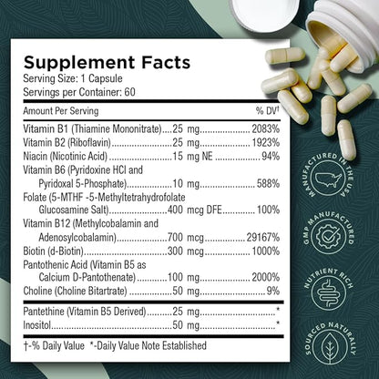 Tri-Methyl+ B Complex Methylated B Vitamins - Full Spectrum Methyl B Complex Vitamin Supplement For MTHFR Support with Active Forms of B12 Methylcobalamin, Adenosylcobalamin, and Methylfolate