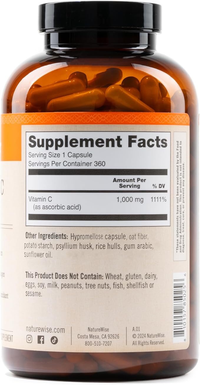 NatureWise Vitamin C 1000mg Capsules - Extra Strength Dietary Supplement for Daily Immune Support & Collagen Synthesis - Vegan, Non-GMO, Gluten Free - 360 Count[1-Year Supply]