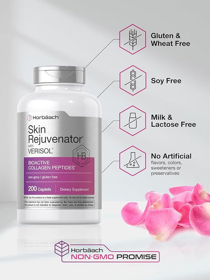 Horbäach Skin Rejuvenator with Verisol | Bioactive Collagen Peptides | 200 Caplets | Non-GMO, Gluten Free Supplement