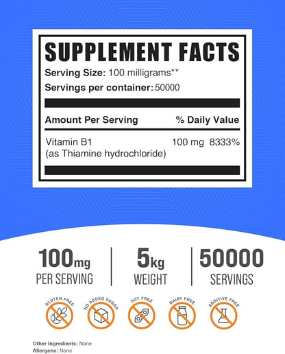 BulkSupplements.com Thiamine HCl Powder - Thiamine Hydrochloride - Thiamine B1 Supplement - B1 Vitamins - Thiamine 100mg - Thiamine Powder - 100mg per Serving (5 Kilograms - 11 lbs)