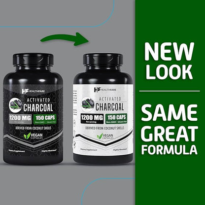 Activated Charcoal Capsules 1200mg | 150 Veg Capsules | Derived from Coconut Shells | Highly Absorbent | Non-GMO | Made in The USA