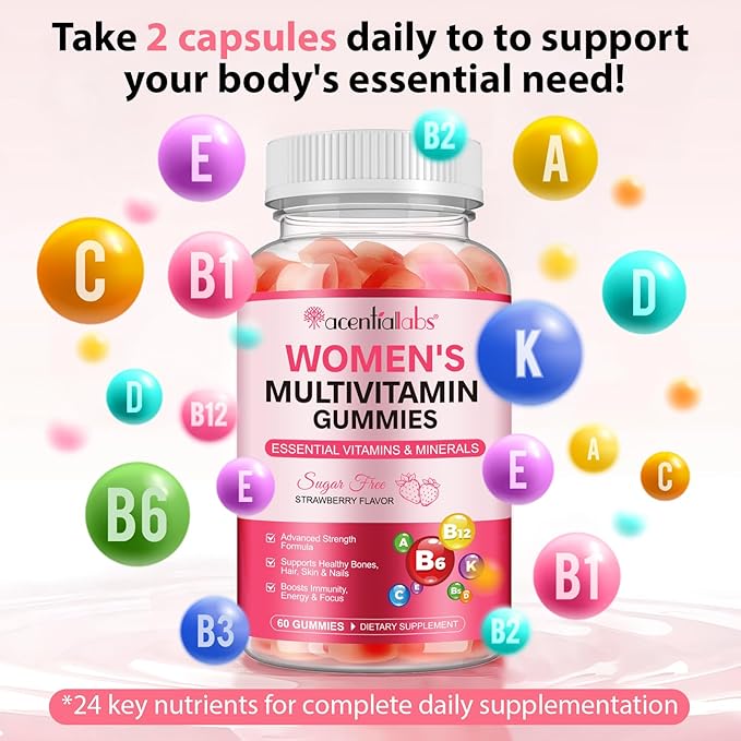 Multivitamin for Women, Womens Multivitamin Gummy 60p, Boosts Healthy Bones Hair Skin and Nails, Boosts Immunity Energy, Strawberry Flavor