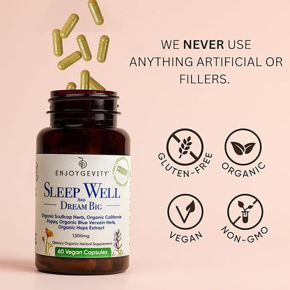 Organic Sleep Well Capsules - Calming and Relaxing Herbal Supplement - Sleep Aid - 60 Vegan Capsules - scullcap, California Poppy, Blue Vervain, Hops Extract - 1,500 mg