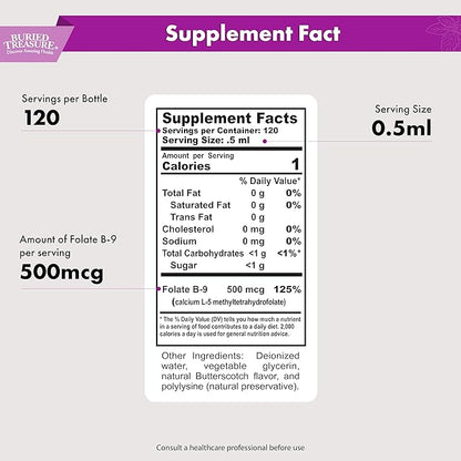 Buried Treasure Folate Drops - Methylated B-9 (Calcium L-5 Methyltetrahydrofolate), Supports Energy Production, Heart Health, and Pregnancy, 5-MTHF Supplement Vegan Safe, 120 Servings