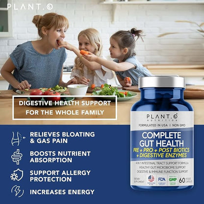 4-in-1 Prebiotic Probiotic & Postbiotic for Women & Men, Complete Gut & Digestive Support Supplement, Pre Post Probiotics & Digestive Enzymes 60 Capsules