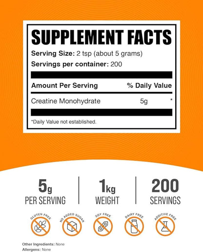 BulkSupplements.com Creatine Monohydrate Powder - Creatine Supplement, Micronized Creatine 1kg, Creatine Powder - Unflavored & Gluten Free, 5g (5000mg) per Servings, 1kg (2.2 lbs) (Pack of 1)