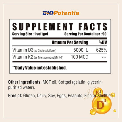 Vitamin D3 K2 with MCT Oil Supplement, Vitamin D3 5000 IU & K2 (MK7), Supports Immune, Bone & Teeth Health - Gluten Free Non-GMO - 90 Softgels