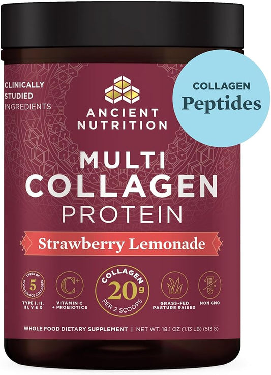 Ancient Nutrition Hydrolyzed Collagen Peptides Powder with Probiotics, Strawberry Lemonade Multi Collagen Protein for Women and Men with Vitamin C, 45 Servings, Supports Skin and Nails, Gut Health, 18
