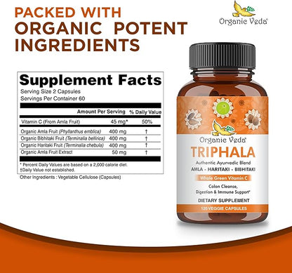 Organic Veda Triphala Capsules - Ultra Concentrated Amla Extract Organic Triphala Supplement with Natural Vitamin C - for Colon Cleanse, Skin Radiance, Immunity & Digestion - 120 Vegan Pills