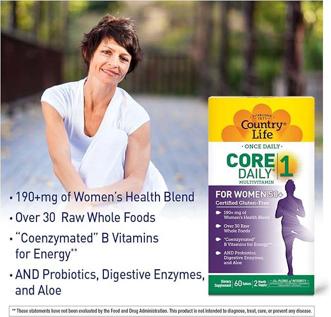 Country Life CORE Daily-1 for Women 50+ Multivitamin - Formulated for Women Over 50, Complete Daily Nutrition with Women's Health Blend, Coenzymated B Vitamins, Probiotics, and Digestive Enzymes