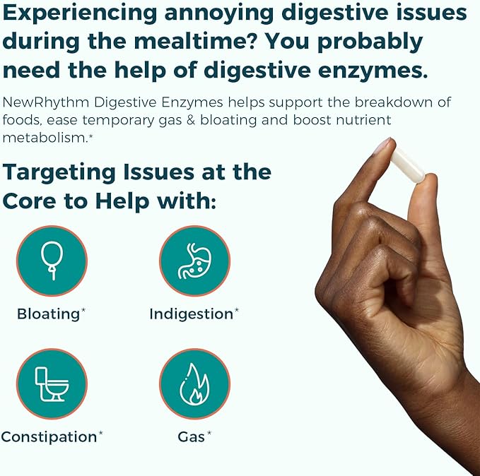 NewRhythm Digestive Enzymes 245 mg, with Probiotics and Prebiotics, Plant Based, 7 Key Enzymes, Digestion, Nutrient Absorption, Protease Amylase & Lipase, 60 Vegan Capsules