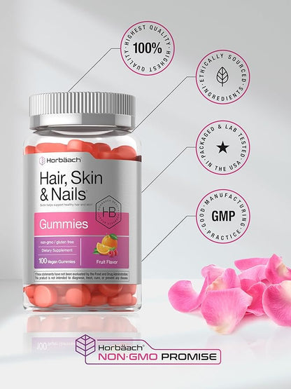 Horbäach Hair Skin and Nails Gummies | 100 Count | with Biotin | Fruit Flavored Vitamins | Non-GMO, Gluten Free Supplement