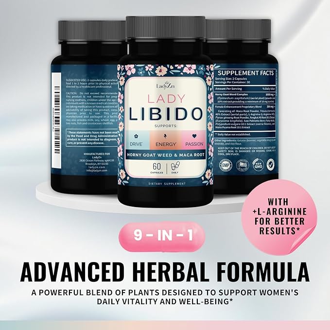Lady Libido Supplement for Women Support Mood, Drive & Energy, with Hornygoatweed & Maca Root | Female Libido Booster for Women | Hormone Balance Pills to Relieve Stress & Reduce Dryness - 60 Capsules