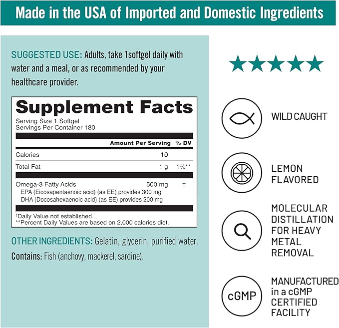 NatureWise Omega 3 Fish Oil - 500 mg per Pill - EPA & DHA - Support for Immune Health & Cognitive Function - Wild-Caught, Gluten and Soy Free, Non-GMO - 180 Softgels[6-Month Supply]