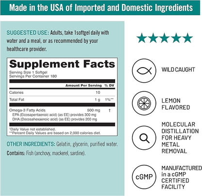 NatureWise Omega 3 Fish Oil - 500 mg per Pill - EPA & DHA - Support for Immune Health & Cognitive Function - Wild-Caught, Gluten and Soy Free, Non-GMO - 180 Softgels[6-Month Supply]