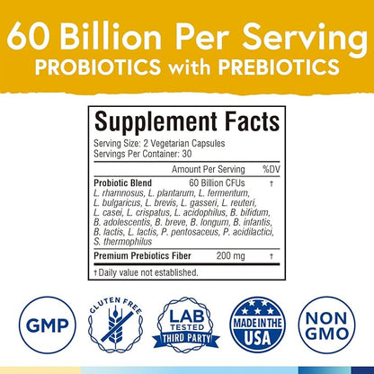 Terranics Probiotics 60 Billion CFU, 20 Strains, 60 Veg Capsules, Prebiotics & Probiotics, Shelf Stable Probiotic Supplement for Men & Women, Digestive & Immune Health, Non-GMO, NO Soy, Dairy & Gluten