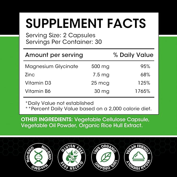 Magnesium Glycinate Capsules, Magnesium Glycinate Supplement with Zinc, Vitamin D3 & B6 - Promotes Nerve, Bowel, Relaxation Function - 60 Vegan Capsules