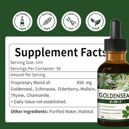 Goldenseal Root Extract Liquid Drop for Immune and Respiratory Lung Health Support, 6-in-1 Herbal Formula Supplement with Echinacea Goldenseal, Mullein Thyme. High& Fast Absorption. 2oz