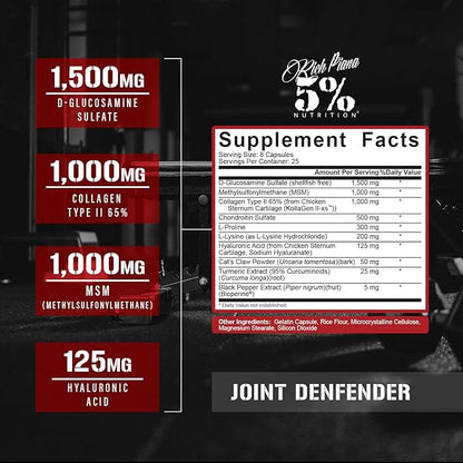 5% Nutrition Rich Piana Joint Defender Maximum Joint Support Supplement | Collagen, Glucosamine, Chondroitin, Turmeric Curcumin with Black Pepper, MSM, Hyaluronic Acid | 200 Capsules, 25 Servings