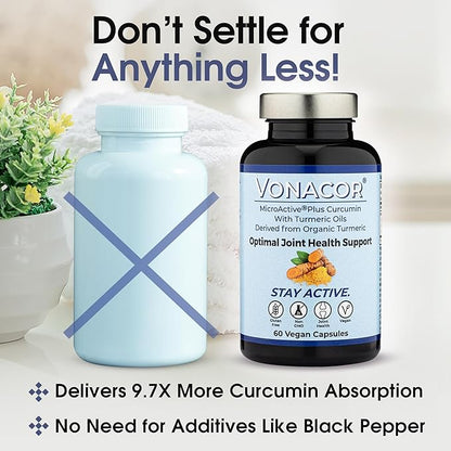 Highly Absorbable MicroActive Curcumin with Turmeric Oil Extract 500mg for Optimal Joint Health, Vegan, Non-GMO, Gluten-Free, 60 Vegan Capsules