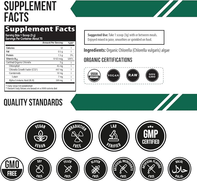 Organic Chlorella Powder – Raw & Sun-Grown – Nutrient-Dense Green Algae with CGF (Chlorella Growth Factor), Supports Overall Well-Being and Vitality – Vegan-Friendly – 75 Servings (225g)