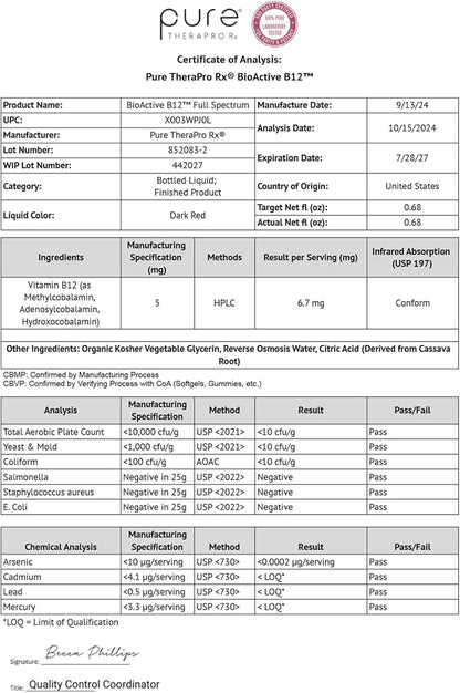 BioActive B12 Full Spectrum Vegan Methylated Vitamin B12 Sublingual Liquid Methylcobalamin, Hydroxocobalamin & Adenosylcobalamin 1,000 mcg per Drop (5 Drops = 5,000mcg / 4 Month Supply) 20 ml