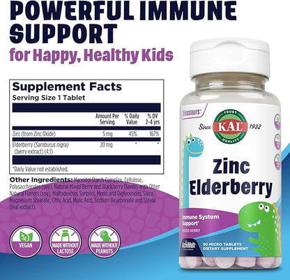 KAL Kids Zinc Elderberry Dinosaurs, Immune Support Supplement* for Children w/ Sambucus Elderberry, Fast Dissolving Mixed Berry ActivMelts, Fun, Tasty Dino Shapes, Vegan, 90 Servings, 90 Micro Tablets